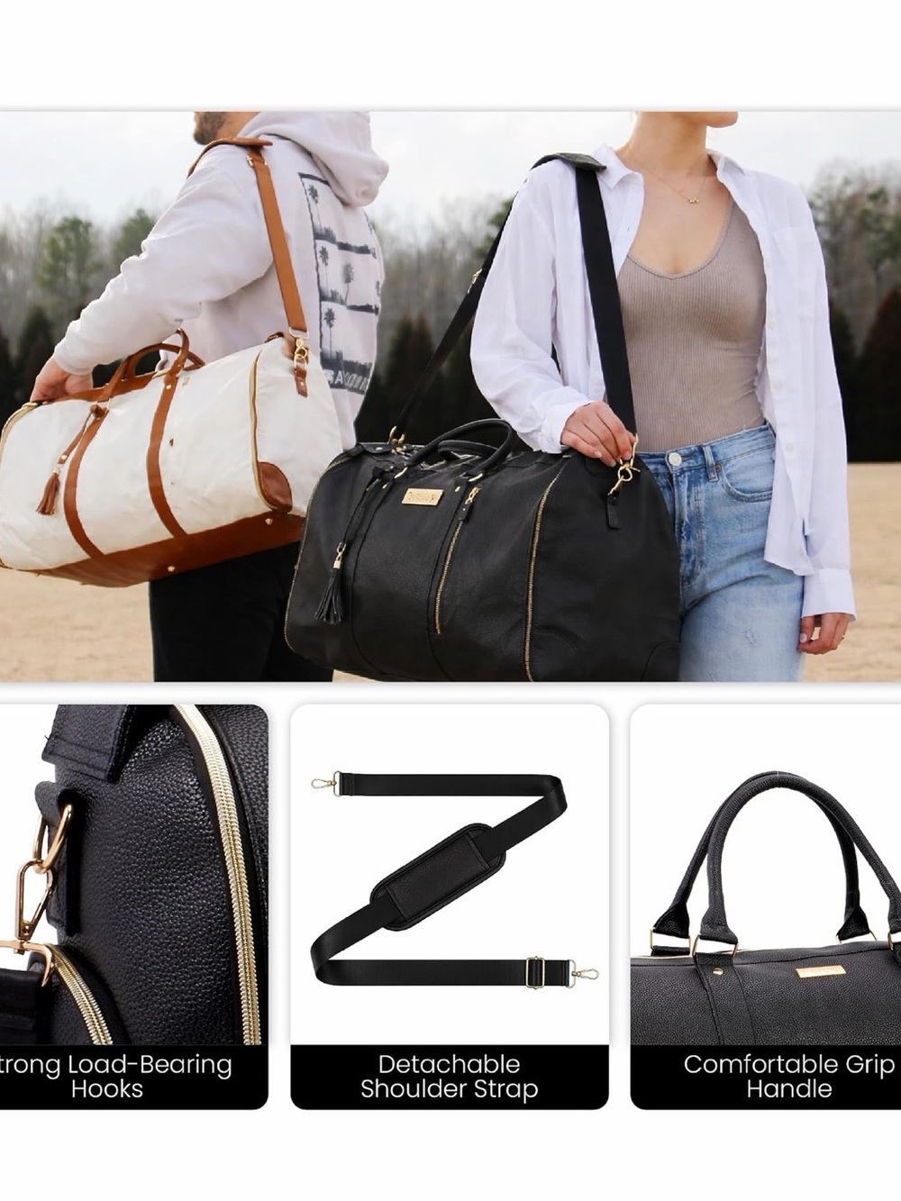 Luhxe Black Duffel Bag with Gold Hardware - Travel Weekender - Picture 2 of 5